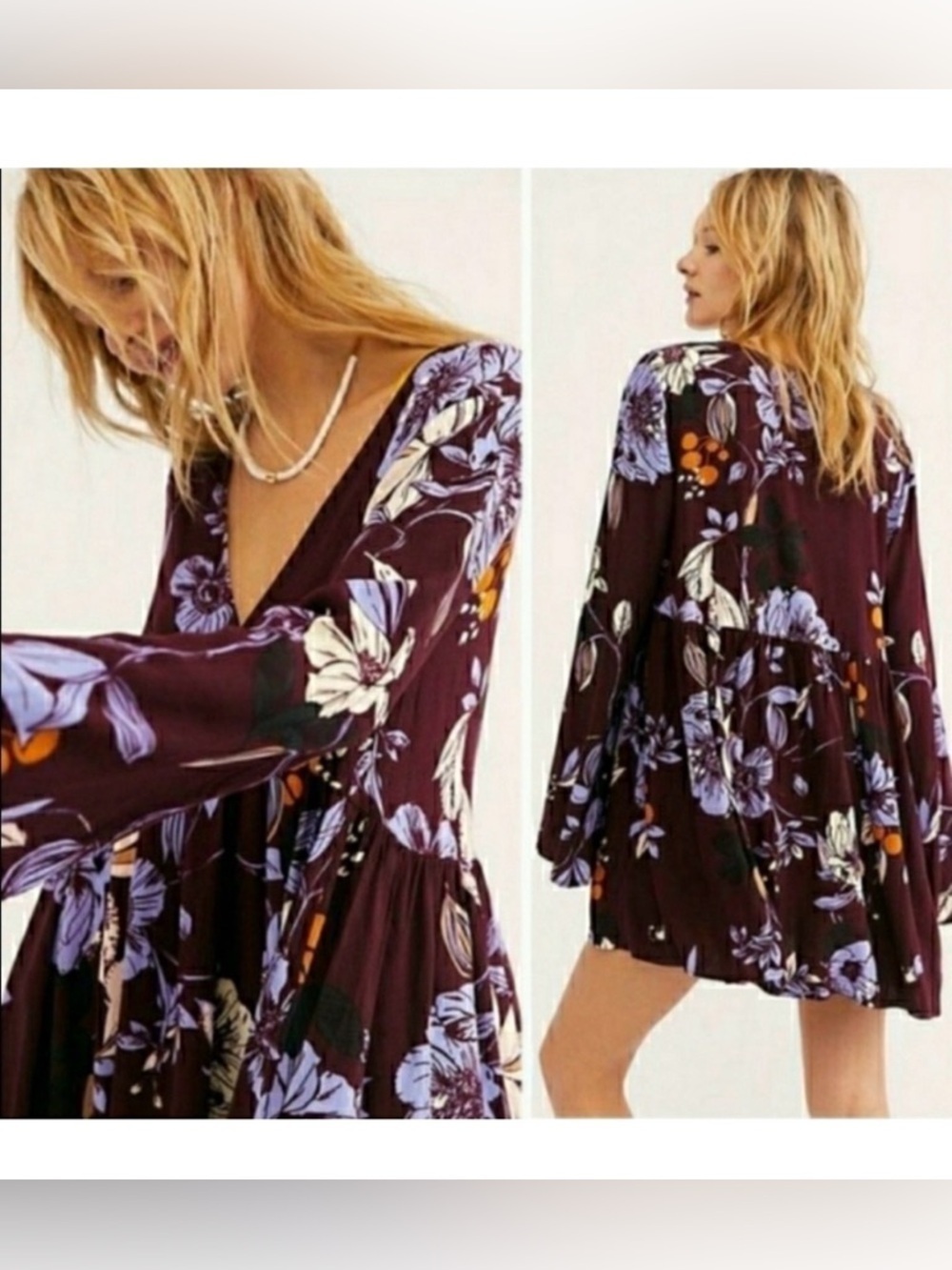 Free People Bella Floral-Print Tunic Mini Dress Purple Bell Sleeve V Neck